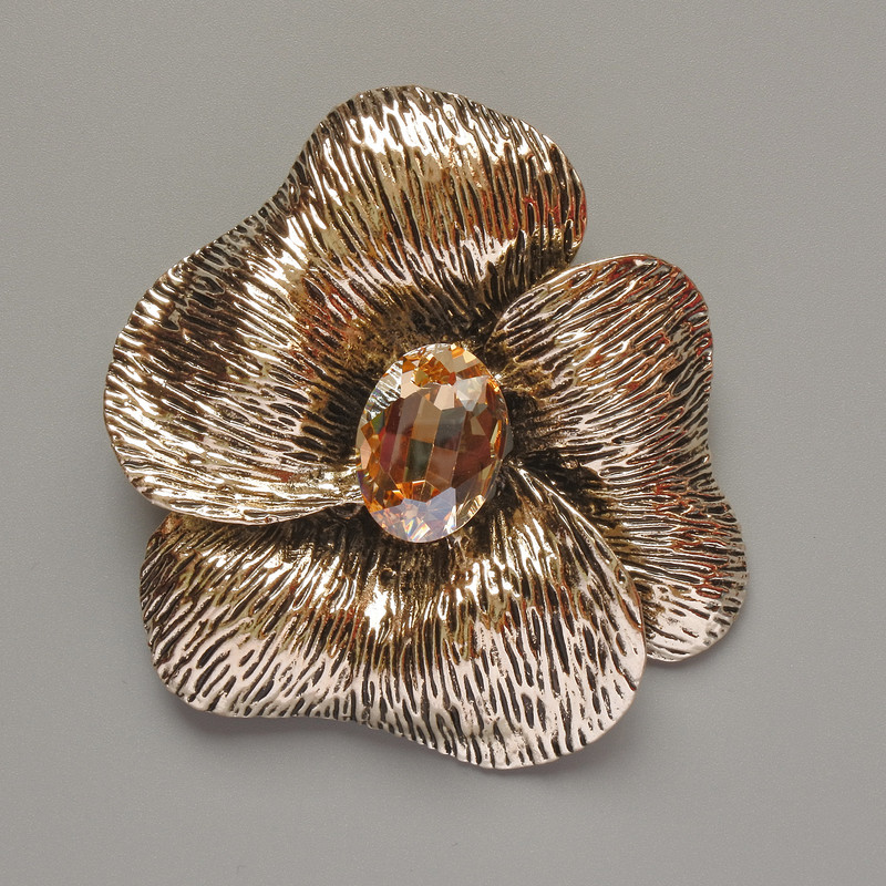 Broche-pendentif «Fleur» cristal jaune et métal doré clair 55×63 mm