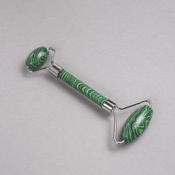 Massageur à rouleaux en pierre de malachite, double face, longueur 14,5 cm, métal argenté