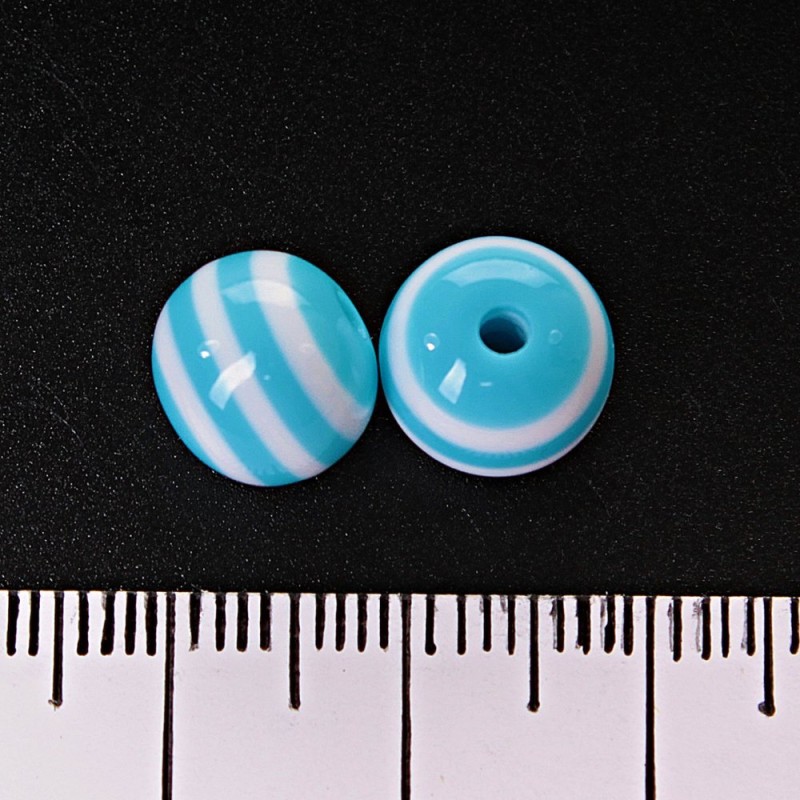 Perle bleu clair à rayures blanches, diamètre 10 mm, lot de 50 pièces