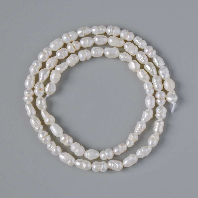 Perles d'eau douce texturées sur fil, diamètre environ 3,5–5 mm, longueur 33 cm