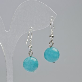 Boucles d'oreilles en aigue-marine, pierre naturelle, boule lisse, diamètre 12 mm ±, longueur 33 mm ±