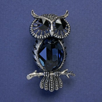 Broche chouette avec cristaux noirs et bleus, couleur argent du métal, 43×26 mm+
