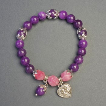 Bracelet en sugélite et tourmaline avec pendentif cœur, diamètre 8-9 mm, longueur 18 cm +/- élastique