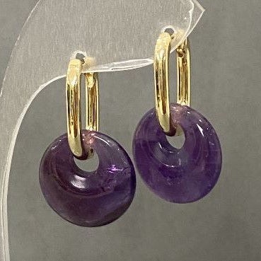 Boucles d'oreilles en améthyste, diamètre 15 mm ±, longueur 27 mm ±