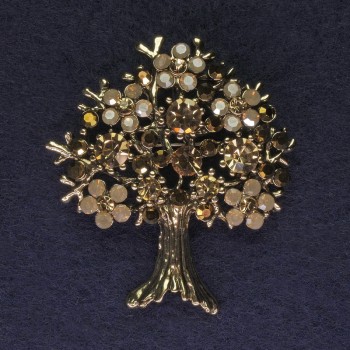 Broche arbre avec strass doré, métal doré, diamètre 45×50 mm +