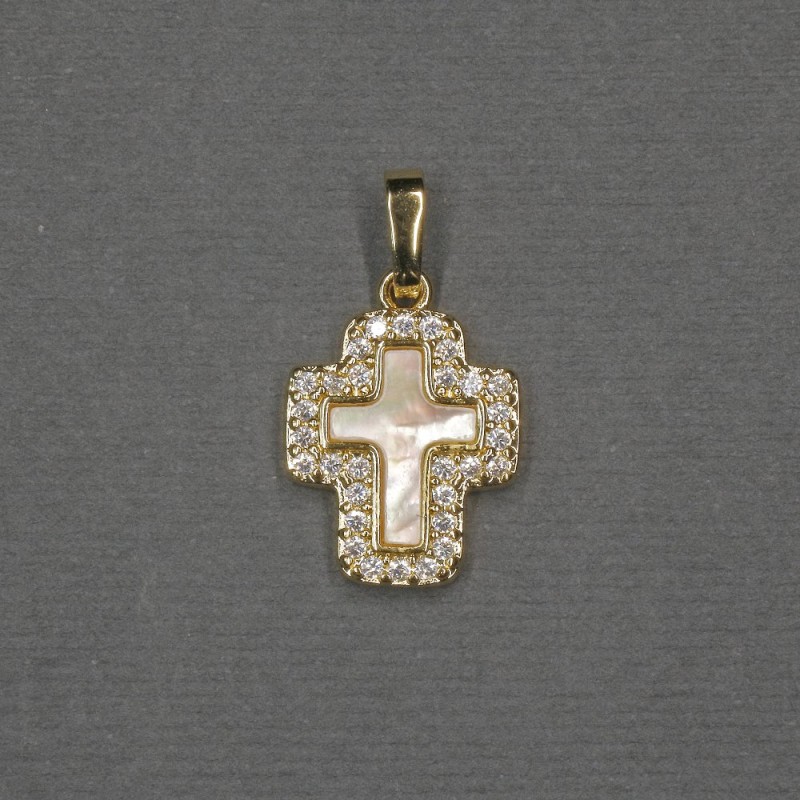 Pendentif croix à insert nacré, métal doré 13x15x18x2,5 mm ±