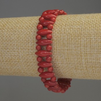 Bracelet en corail à double fil, perles riz diamètre 13×5 mm +-, perles lisses diamètre 4 mm +-, longueur 18 cm élastique