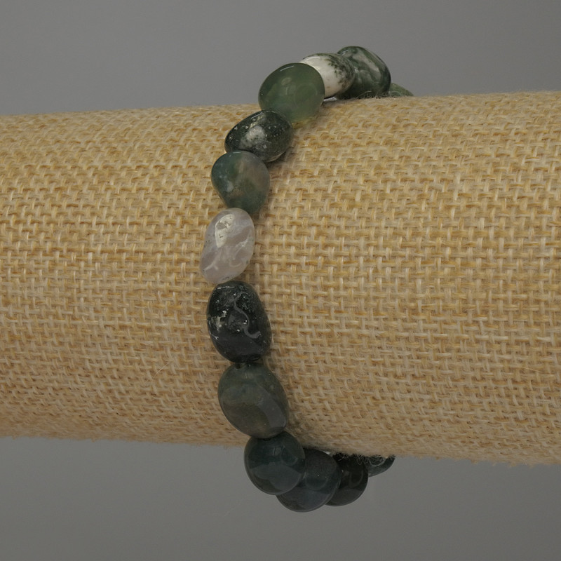 Bracelet en agate mousse facettée, perles diamètre 10 × 7–8 mm, longueur 18 cm, élastique