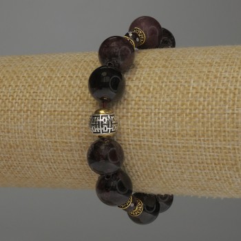 Bracelet en grenat avec boules lisses de 12 mm et boules facettées de 6 mm, longueur 18 cm, élastique