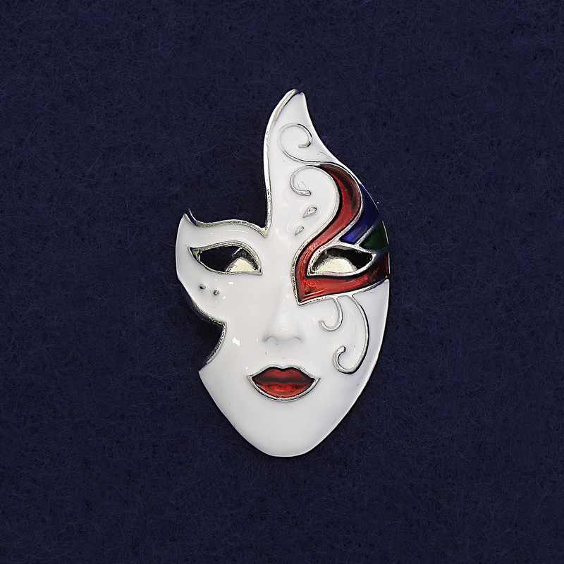 Broche Masque blanc noir et rouge émaillé