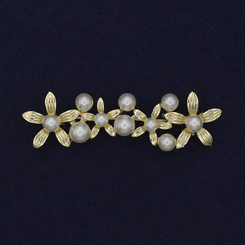 Broche «Fleurs perlées» en métal doré 55 × 17 mm+