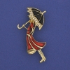 Broche-pendentif «Fille avec parapluie» strass blancs, métal doré, 48×24 mm+