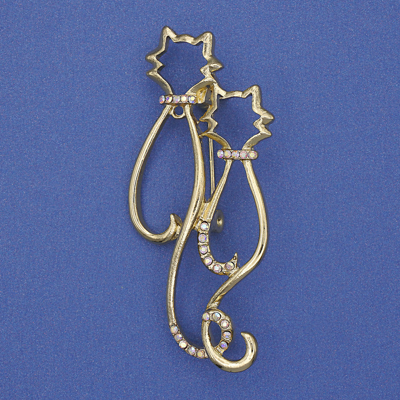 Broche Chats arc-en-ciel, strass doré mat, métal doré, 58×26 mm+