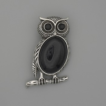 Broche-pendante Hibou en aventurine Nuit du Caire 45×25 mm ±, strass noirs, métal argenté