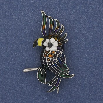 Broche perroquet couleur émail argenté métal 51×31 mm+