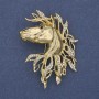 Broche-pendentif «Cheval», strass blancs, métal doré, 54 × 41 mm+