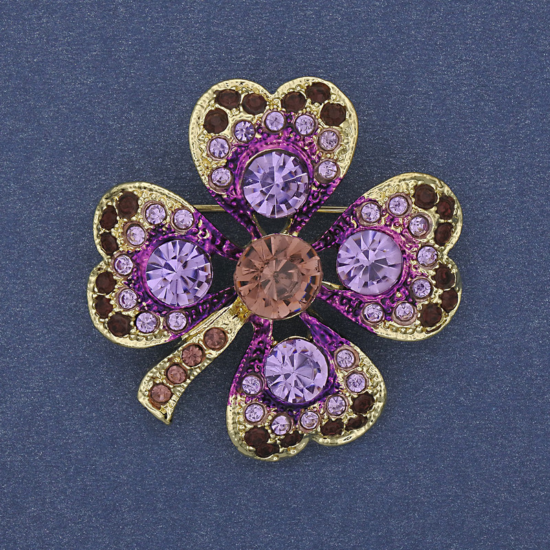 Broche-pendentif Trèfle à strass violets, métal doré, diamètre 35 mm +
