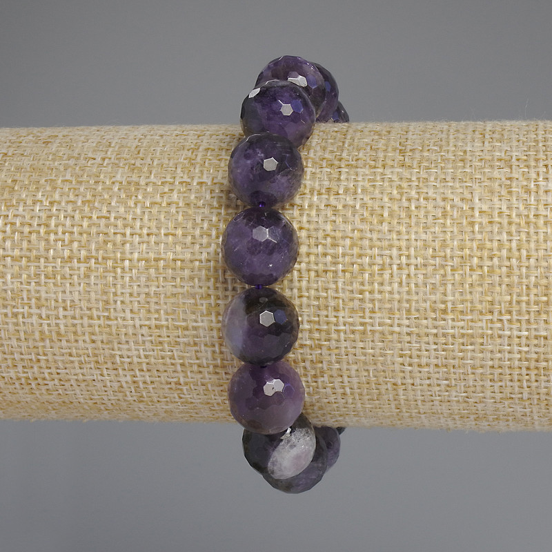 Bracelet en améthyste taillée, perles rondes de 12 mm, longueur 18 cm, élastique