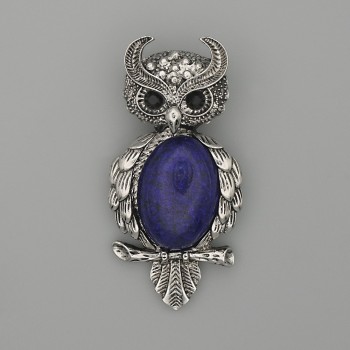 Broche-pendantif Hibou en azurite 60 × 29 mm ±, strass noirs, métal argenté
