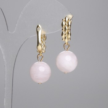 Boucles d'oreilles en quartz rose de Madagascar, boule lisse 14 mm ±, longueur 34 mm ±