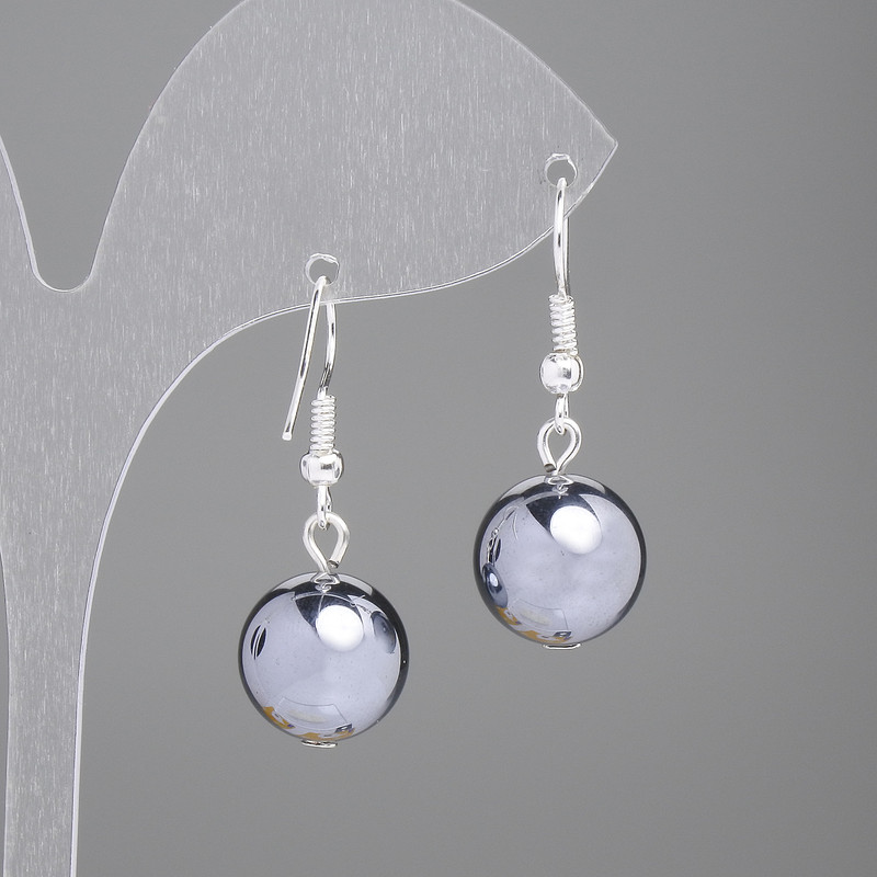 Boucles d'oreilles en hématite, boule lisse, diamètre 12 mm ±, longueur 33 mm ±