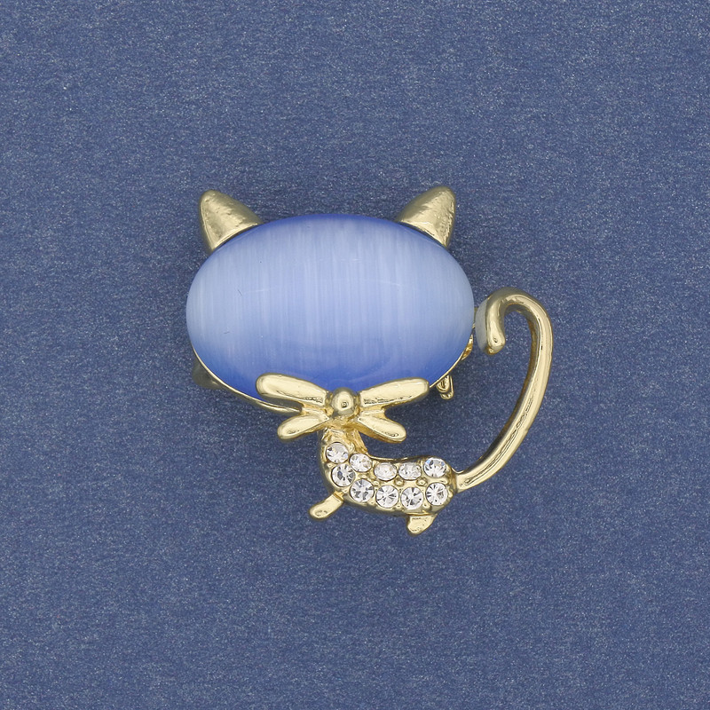Broche-pendante «Chat» œil de chat bleu, métal doré, 26×27 mm +