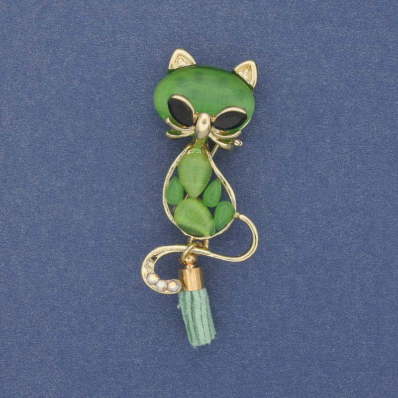 Broche-pendante Chat avec œil de chat vert, métal doré 43×17 mm+