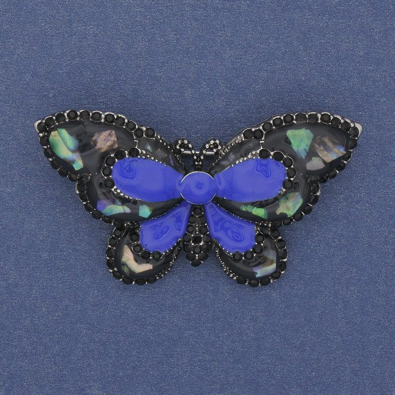 Broche Papillon en haliotite, émaillée, métal argenté, 50×30 mm+