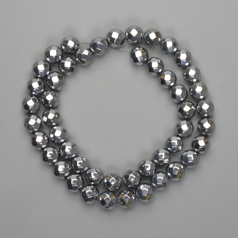 Perles d’hématite couleur argent, boules facettées de 8 mm, longueur 38 cm