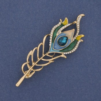 Broche plume émaillée avec strass, métal doré, 72 × 24 mm +