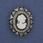 Broche camée Dame, strass, métal argenté, 32×25 mm +