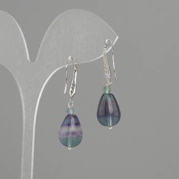 Boucles d'oreilles fluorite en forme de goutte, diamètre 14×10 mm ±, longueur 37 mm+