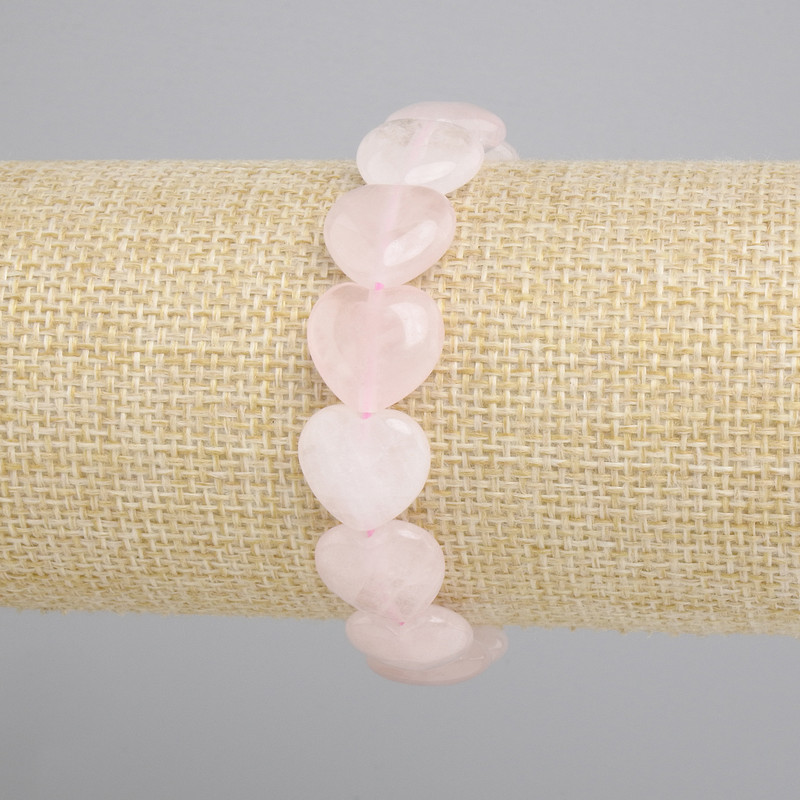 Bracelet quartz rose en forme de cœurs, diamètre 14 mm ±, longueur 18 cm ±, élastique