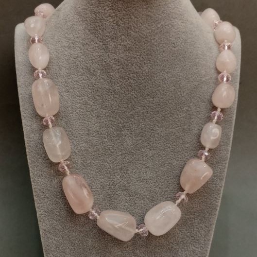 Collier quartz rose et cristal tchèque, longueur 53 cm+
