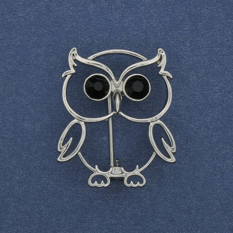 Broche Hibou strass métal argenté 30×26 mm +