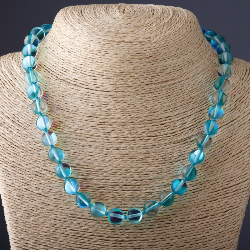 Collier en verre opalescent bleu clair, diamètre 10 mm