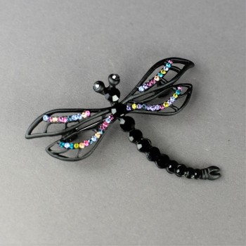 Broche «Libellule reine de la nuit» 5×6 cm métal noir, strass colorés