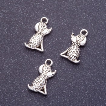 Fourniture - pendentif chien, longueur 18 mm, diamètre 1 mm, couleur argent, conditionnement 20 g ± 19 pièces