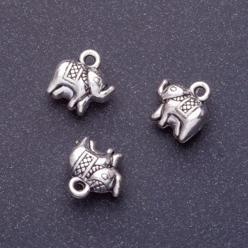 Pendentif éléphant, longueur 11 mm, diamètre 1,5 mm, couleur argentée, emballage 20 g ± 11 pièces