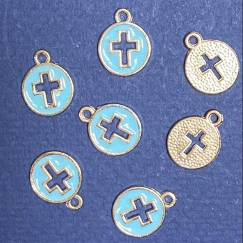 Accessoires de bijouterie – pendentif « Croix » émail bleu doré, diamètre 12 mm, longueur 15 mm, trou de 5 mm, conditionnement 10 pièces