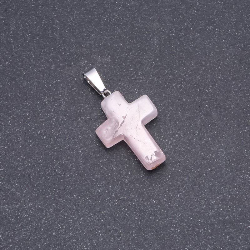 Pendentif Croix, pierre Quartz rose 25×18 mm