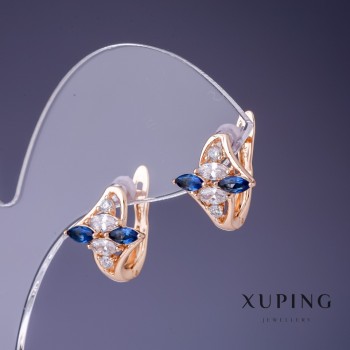 Boucles d'oreilles Xuping avec pierres blanches et bleues, 14×13 mm, doré à l'or 18K