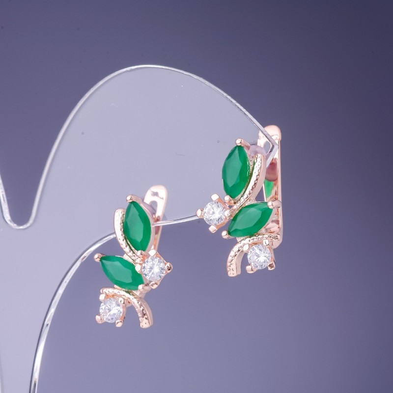 Boucles d'oreilles à cristaux verts 19×12 mm, métal doré