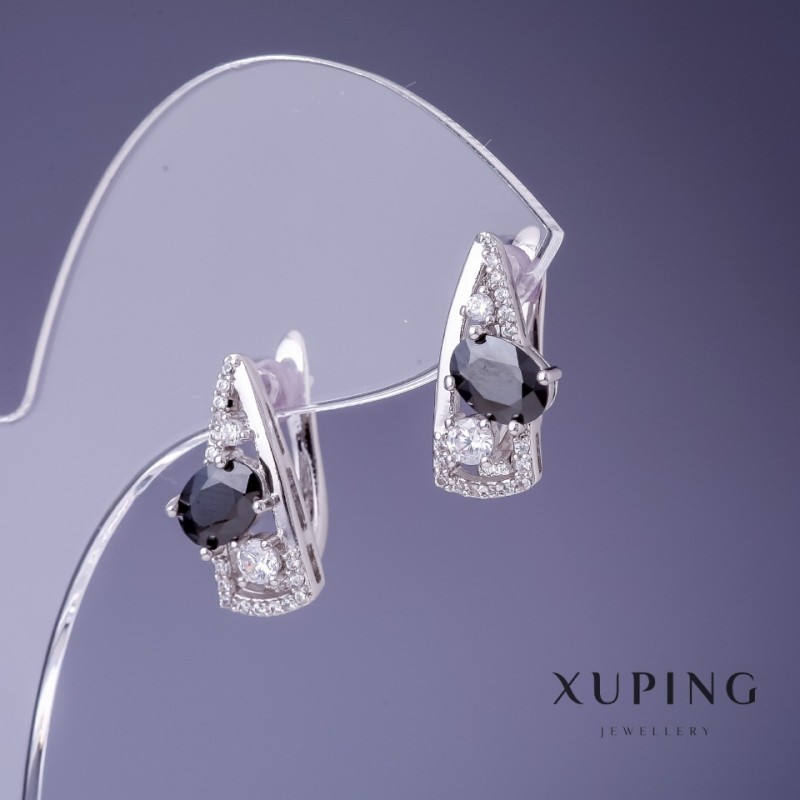 Boucles d'oreilles Xuping rhodié avec pierre noire 17×8 mm