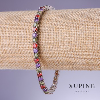 Bracelet Xuping avec zircons multicolores, épaisseur 4 mm, longueur 18–20 cm, revêtement rhodium 18K