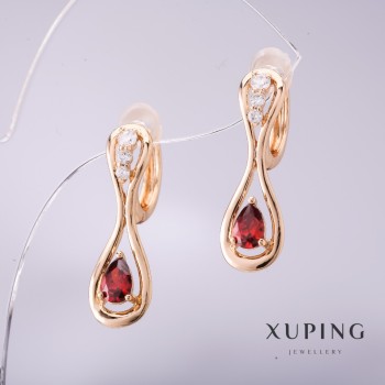 Boucles d'oreilles Xuping avec pierre rouge 25 × 8 mm plaqué or 18K
