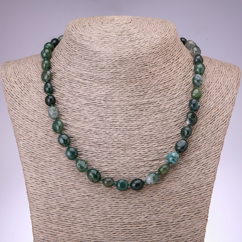 Collier en agate mousse taillé, perles de 8–10 mm, longueur 46 cm