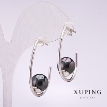 Boucles d'oreilles Xuping à attache avec perle noire de Majorque 33×10 mm, dorure rhodium