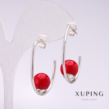 Boucles d'oreilles Xuping à crochet avec perle rouge de Majorque 33×10 mm rhodié