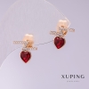 Boucles d'oreilles Xuping, clous en forme de cœur avec pierres rouges, 12x11 mm, dorure 18K